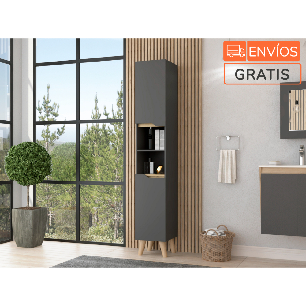 Estanteria De Baño Vicent, Plata Oscuro Y Café Claro, Con Dos Puertas Abatibles Y Entrepaños